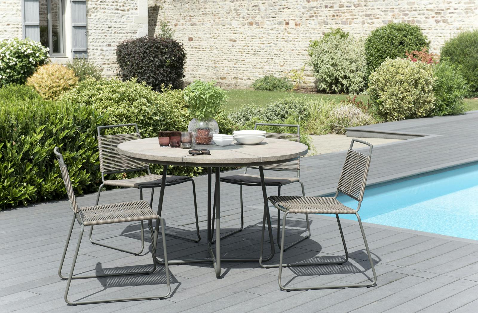 Salon de Jardin Teck Table D120 + 4 chaises cordage synthétique DETROIT ref. 30020828