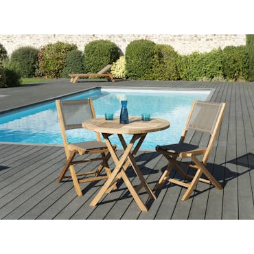  Salon de Jardin Teck Table D80 + 2 chaises pliantes SUMMER ref. 30020848