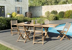Salon de jardin table d'extérieur rectangle en ciment pieds bois 200x100cm  + 2 bancs 200cm hercule 8 personnes gris Pier Import
