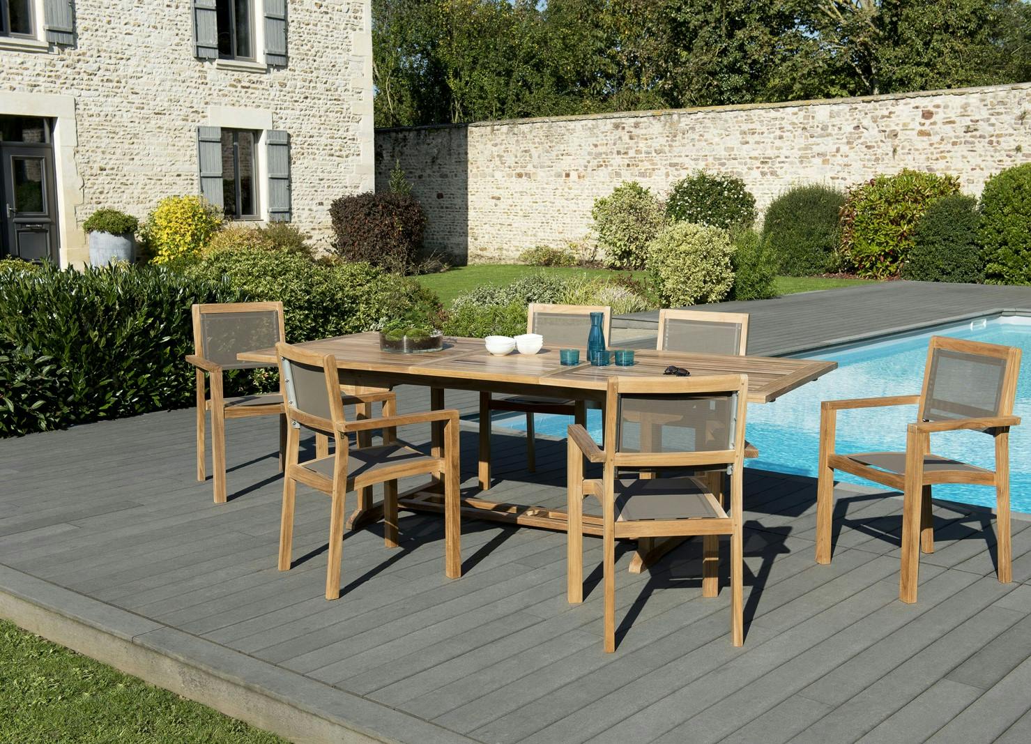 Salon de Jardin Teck Table extensible 180/240 + 6 fauteuils empilables SUMMER ref. 30020846