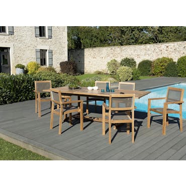  Salon de Jardin Teck Table extensible 180/240 + 6 fauteuils empilables SUMMER ref. 30020846