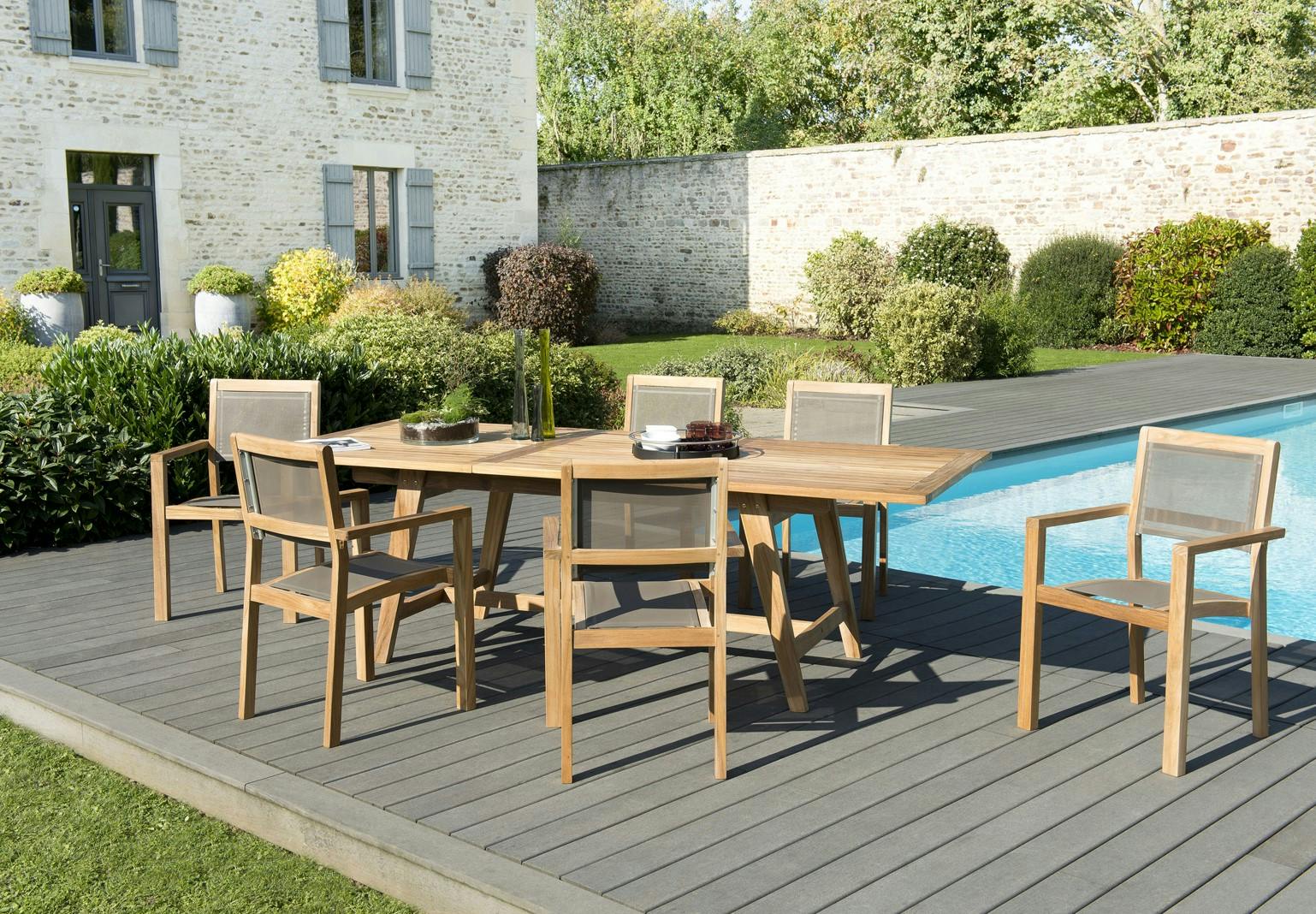 Salon de Jardin Teck Table extensible 180/240 + 6 fauteuils empilables SUMMER ref. 30020850