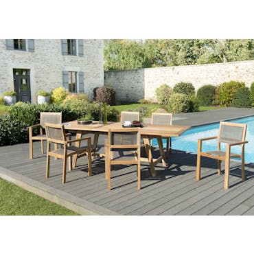  Salon de Jardin Teck Table extensible 180/240 + 6 fauteuils empilables SUMMER ref. 30020850