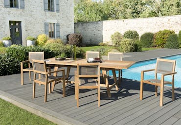  Salon de Jardin Teck Table extensible 180/240 + 6 fauteuils empilables SUMMER ref. 30020850