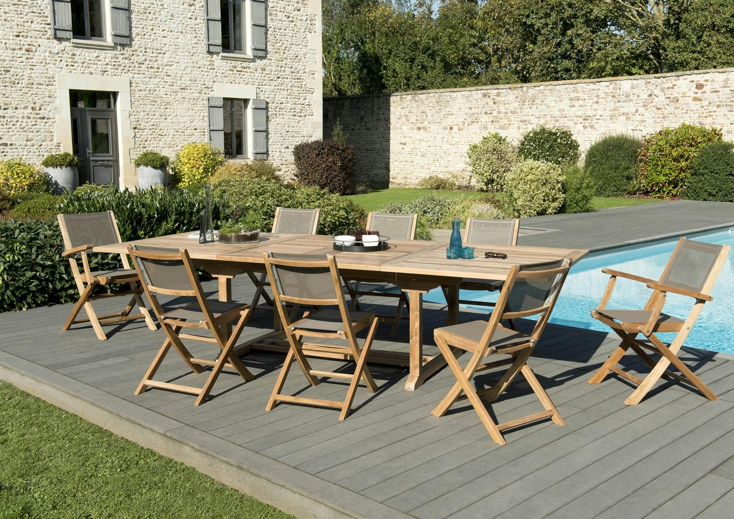 Salon de Jardin Teck Table extensible 200/300 + 6 chaises pliantes 2 fauteuils pliants SUMMER ref. 30020853