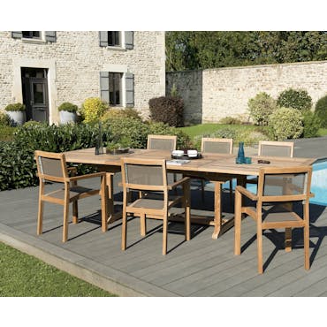  Salon de Jardin Teck Table extensible 200/300 + 6 fauteuils empilables SUMMER ref. 30020854