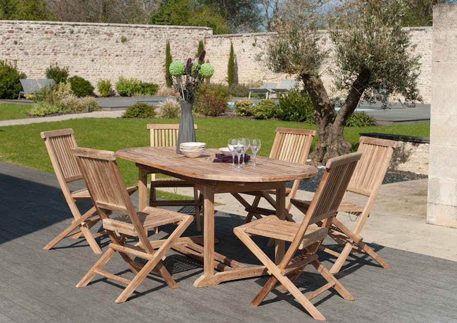Salon de Jardin Teck Table ovale extensible 180/240 + 6 chaises pliantes  SUMMER ref. 30020842, Ensemble repas
