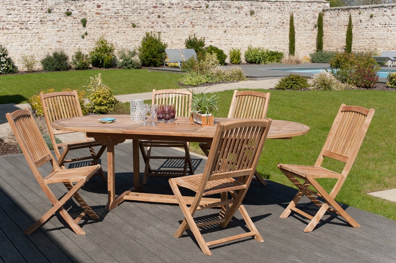Salon de jardin Teck table ovale 180/240cm 6 chaises SUMMER