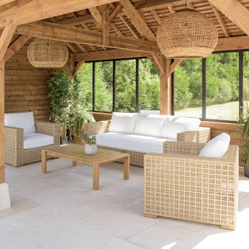Salon de jardin tressage synthétique coussins blancs SUMMER