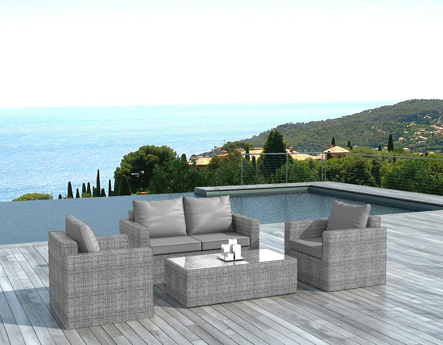 Réparation Salon De Jardin En Résine Tressée Salon de Jardin VENISE 4 pièces en résine tressée grise et coussins