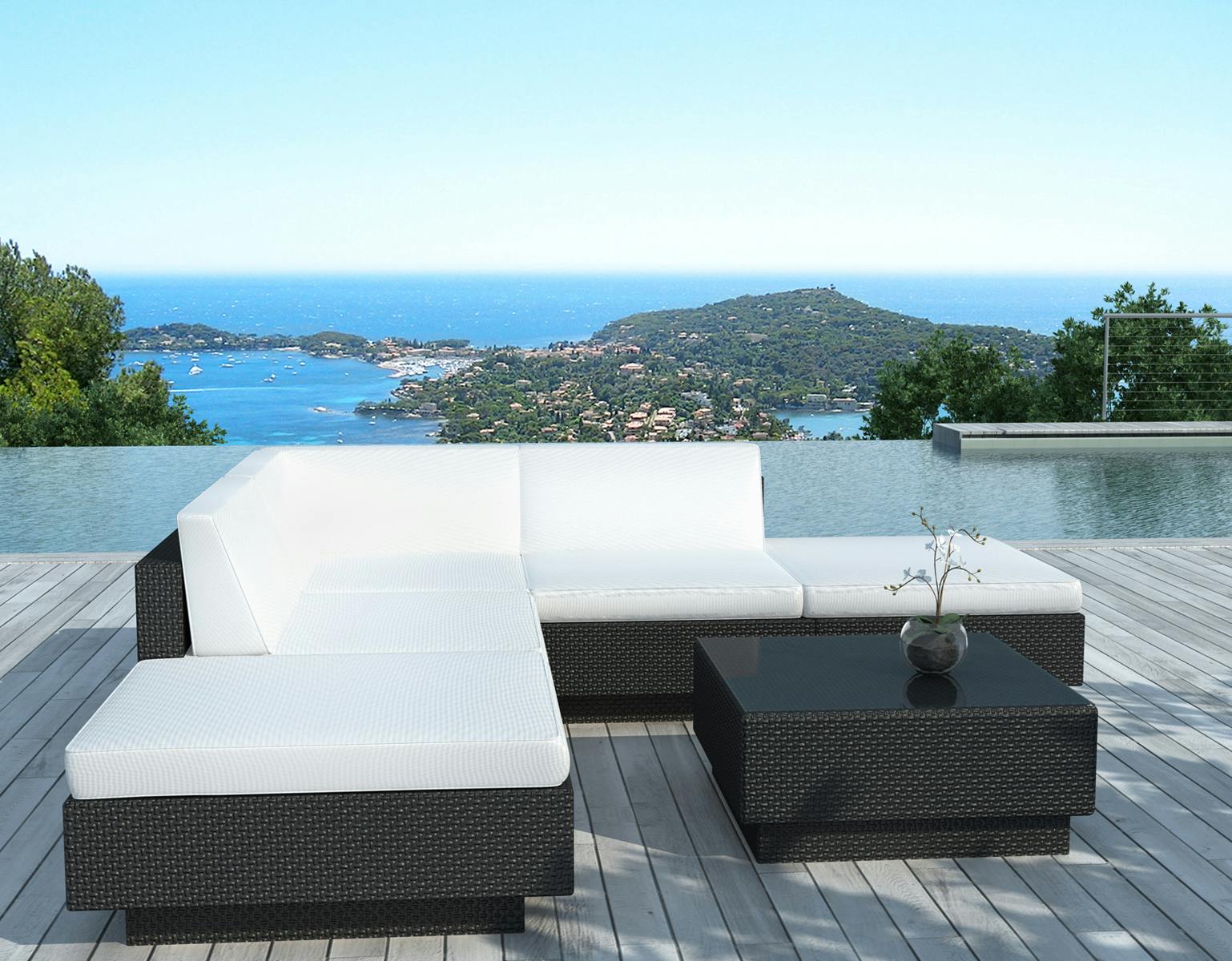 Salon de Jardin WAIMEA 6 pièces en résine tressée noire et coussins tissu blanc écru