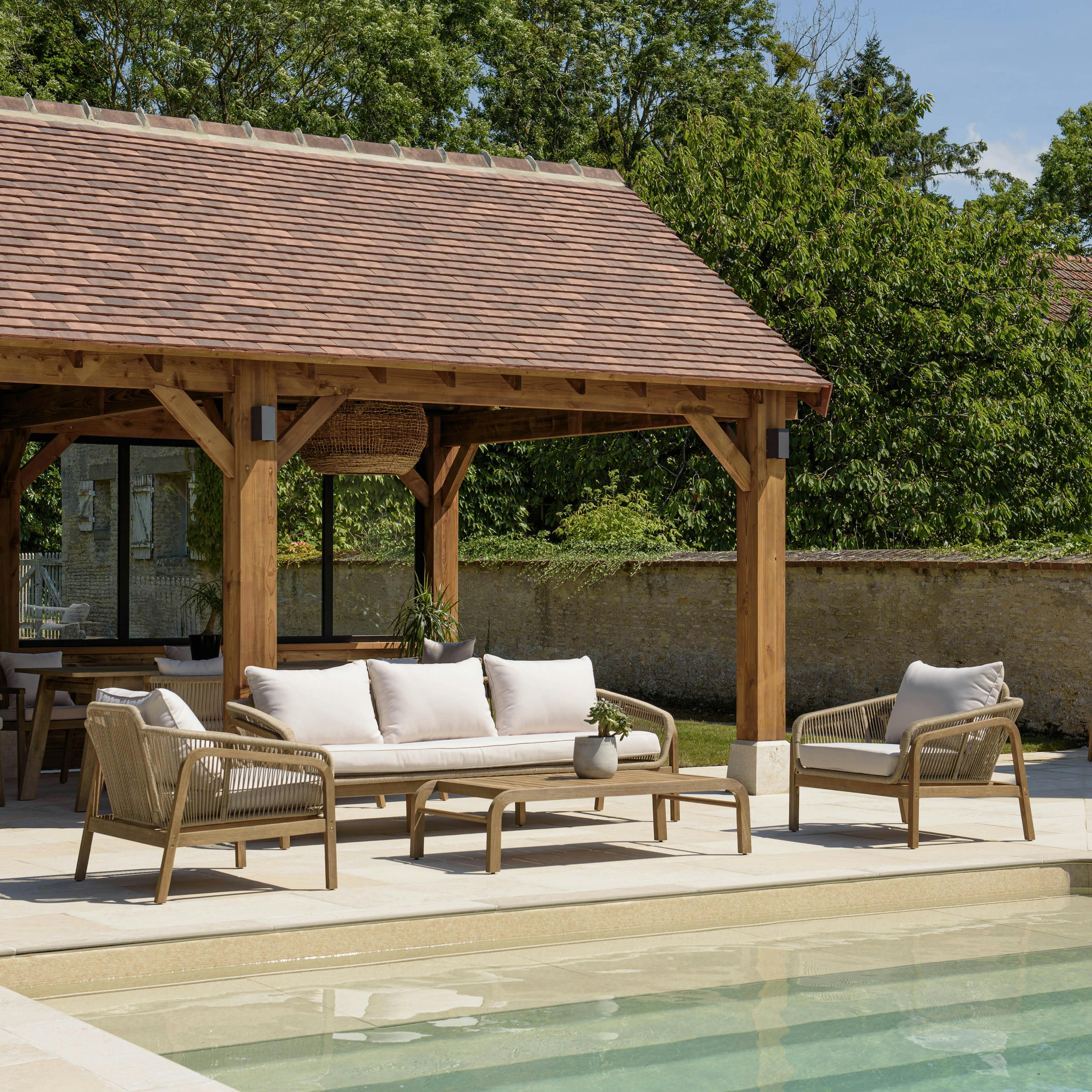 Salon détente 5 places acacia naturel et cordage beige avec coussins BAHIA