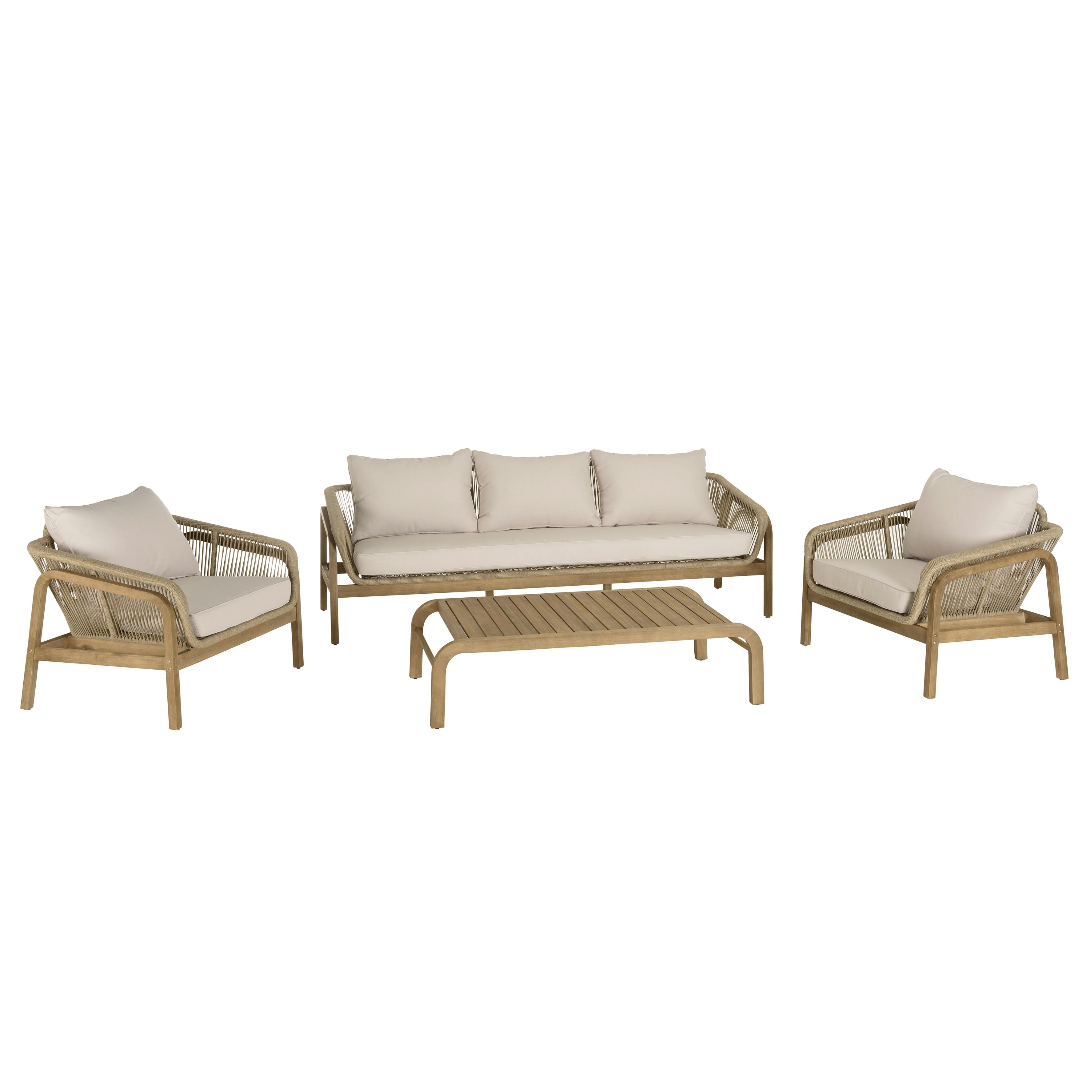 Salon détente 5 places acacia naturel et cordage beige avec coussins BAHIA