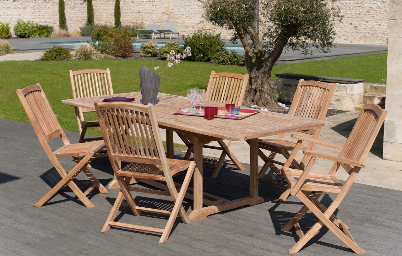 Salon jardin Teck table 180x100cm 2 faut. 4 chaises SUMMER