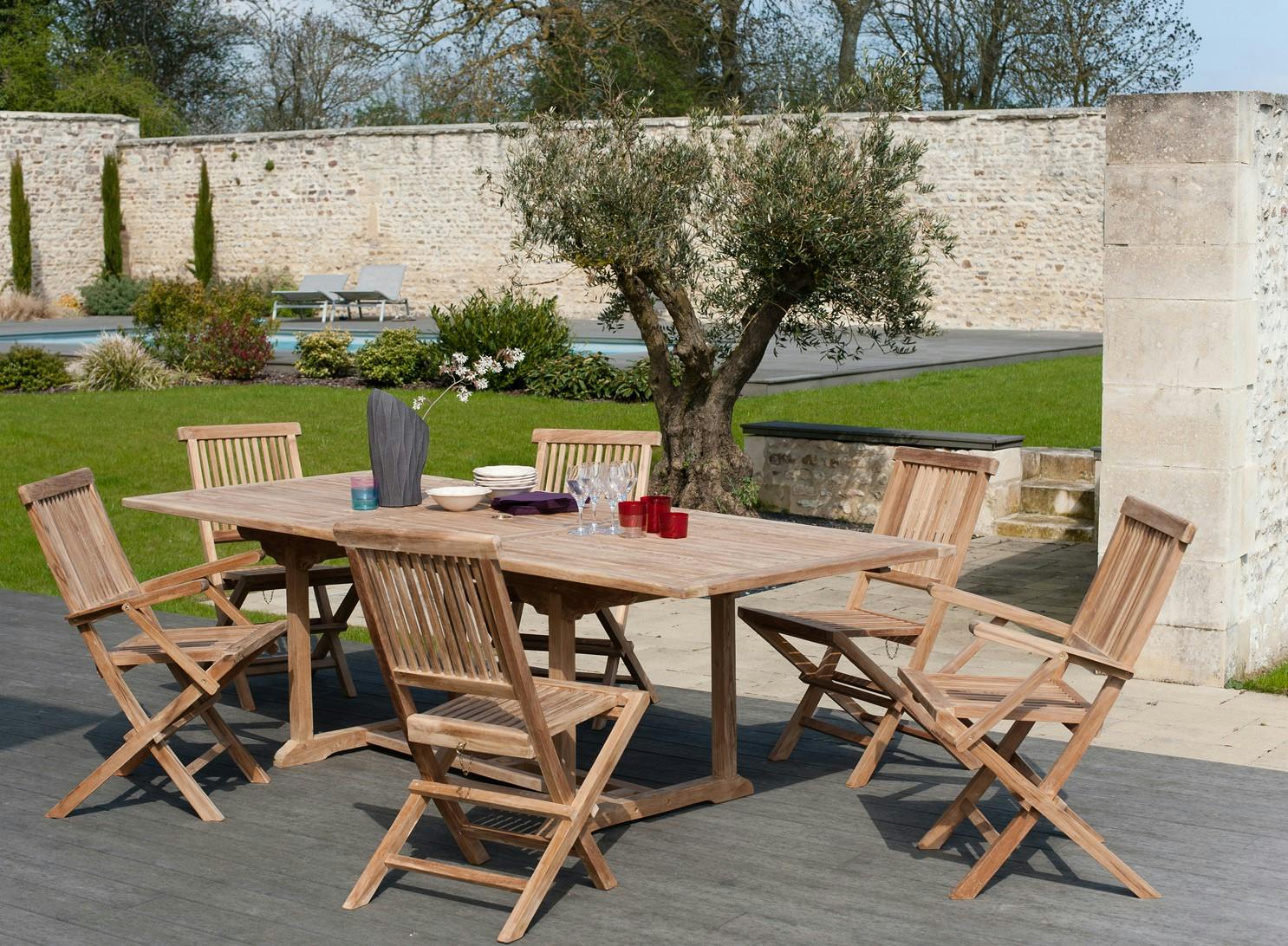 Salon jardin Teck table 180x100cm 4 chaises 2 faut. SUMMER