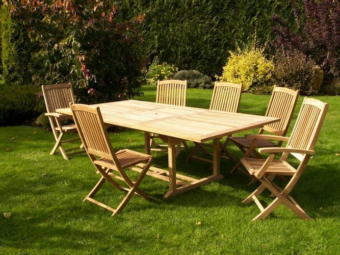 Salon jardin Teck table 180x120cm 4 chaises 2 faut. SUMMER