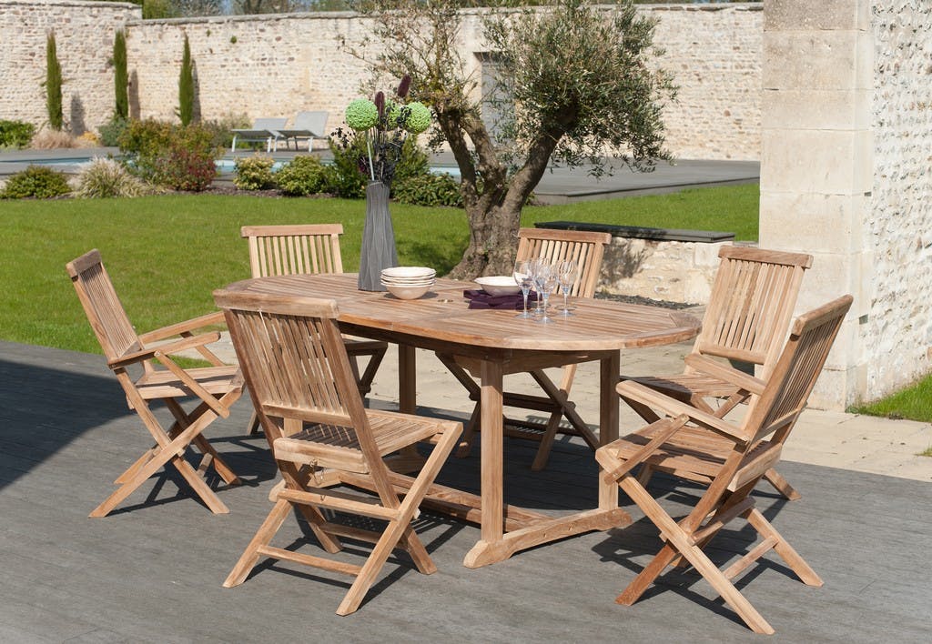 Salon jardin Teck table ovale 150x90cm 4 chaises 2 faut. SUMMER