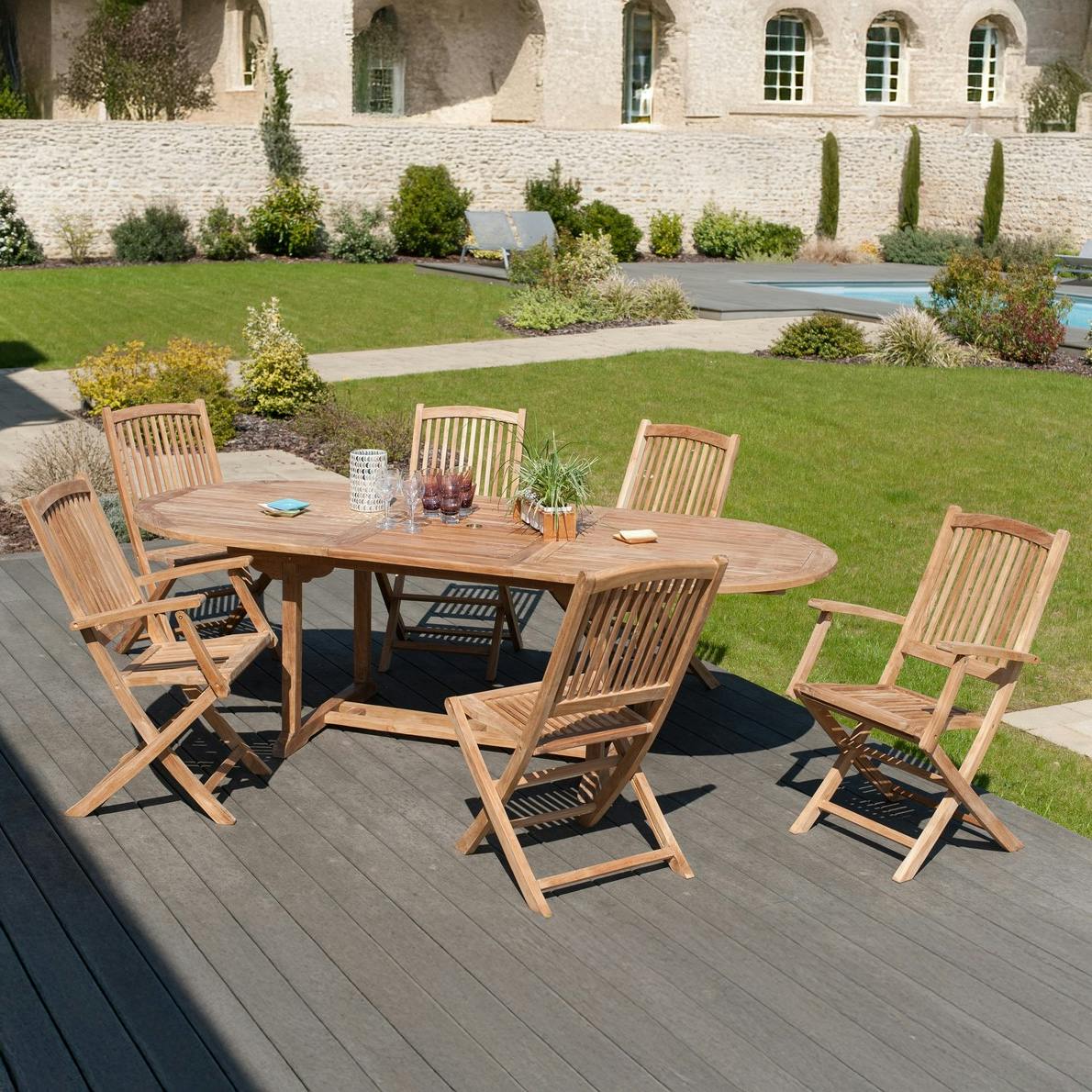 Salon jardin Teck table ovale 180 cm 4 chaises 2 fauteuils SUMMER