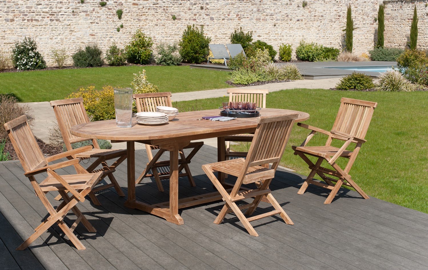 Salon jardin Teck table ovale 180x90cm 4 chaises 2 faut. SUMMER