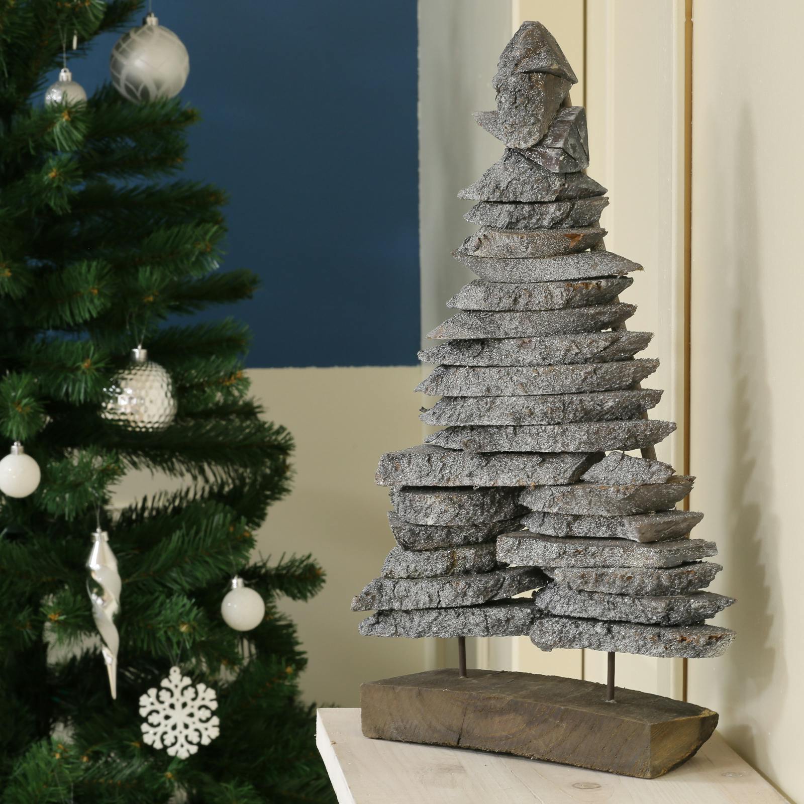 Sapin de Noël déco bois gris sur socle H 40 cm