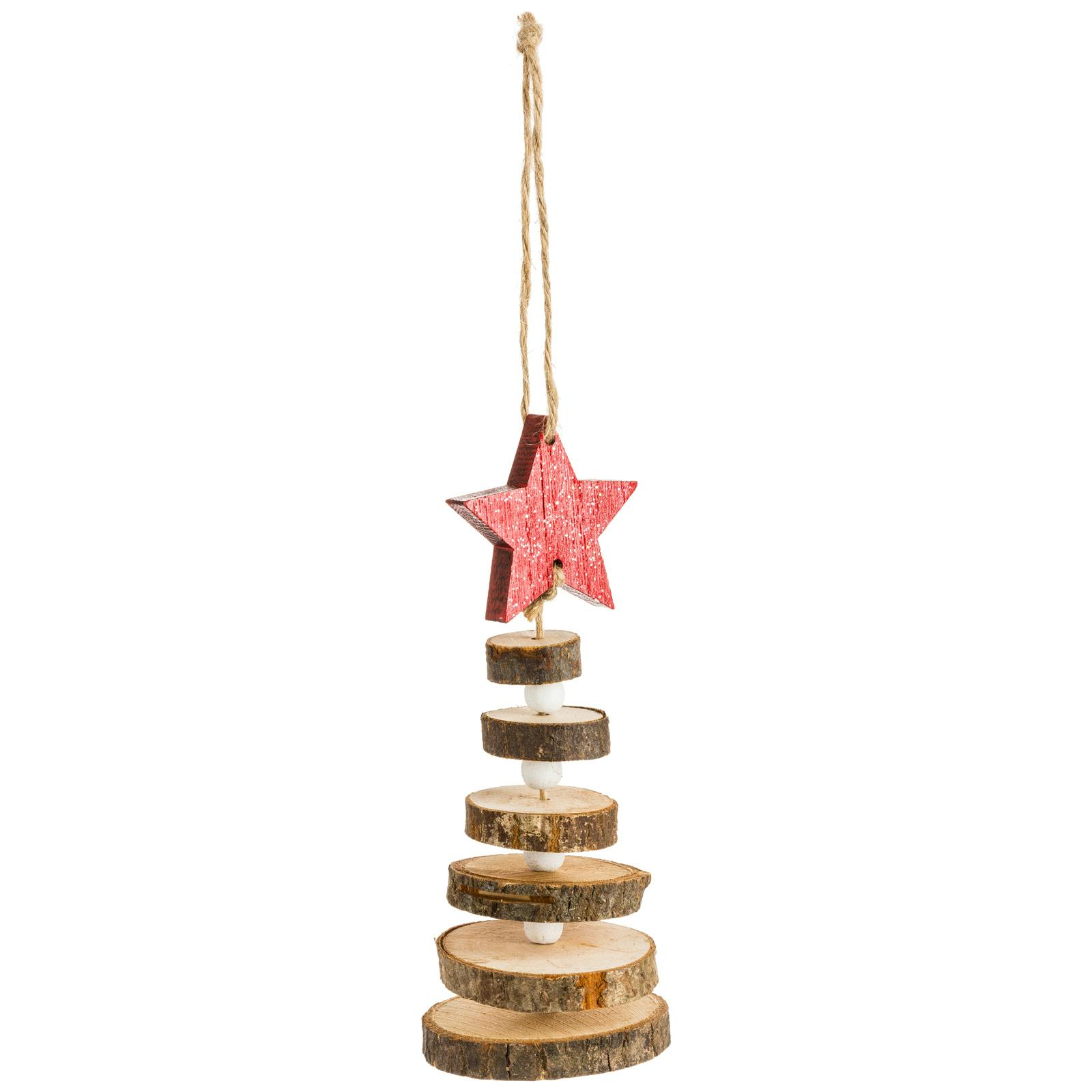 Sapin en rondin de bois sommet étoile rouge à suspendre