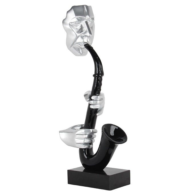 Sculpture moderne joueur de saxo argent et noir