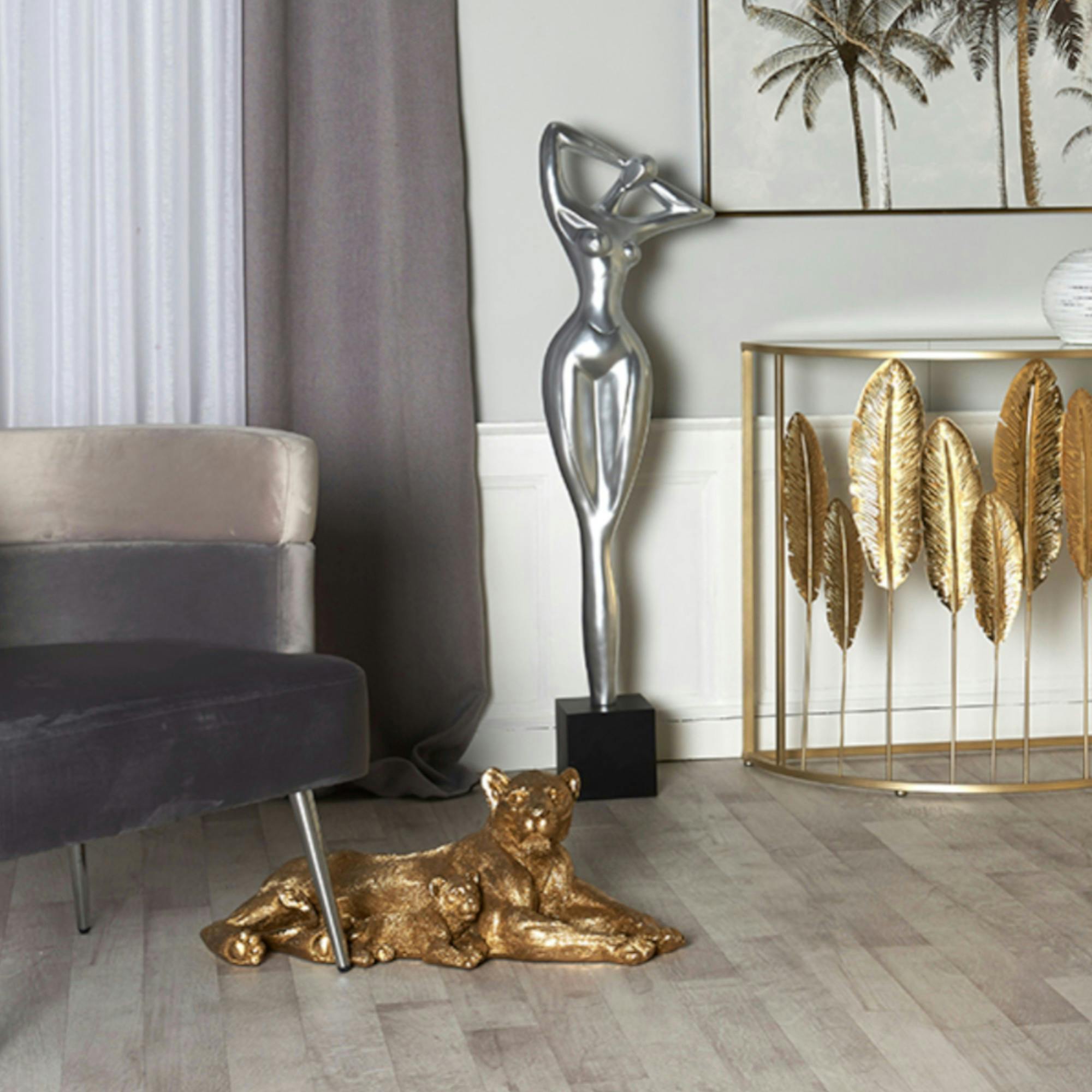 Sculpture moderne lionne et lionceau couleur dorée