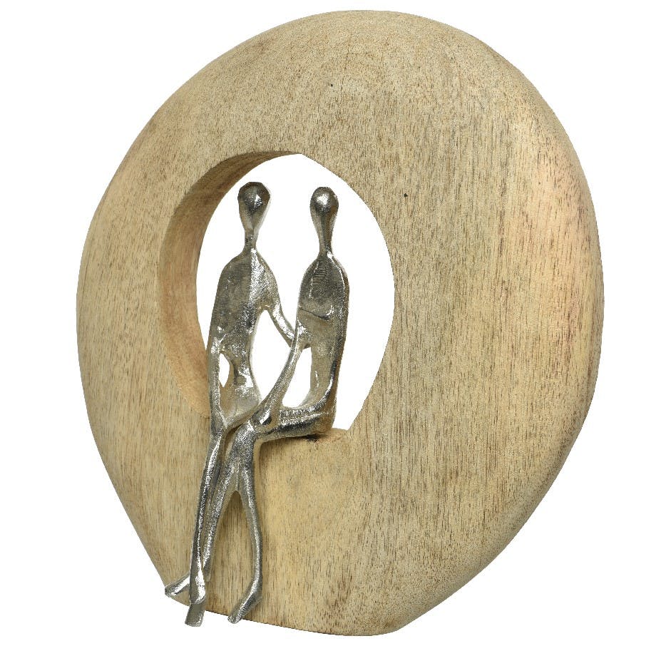 Sculpture ronde en bois de manguier couple en métal
