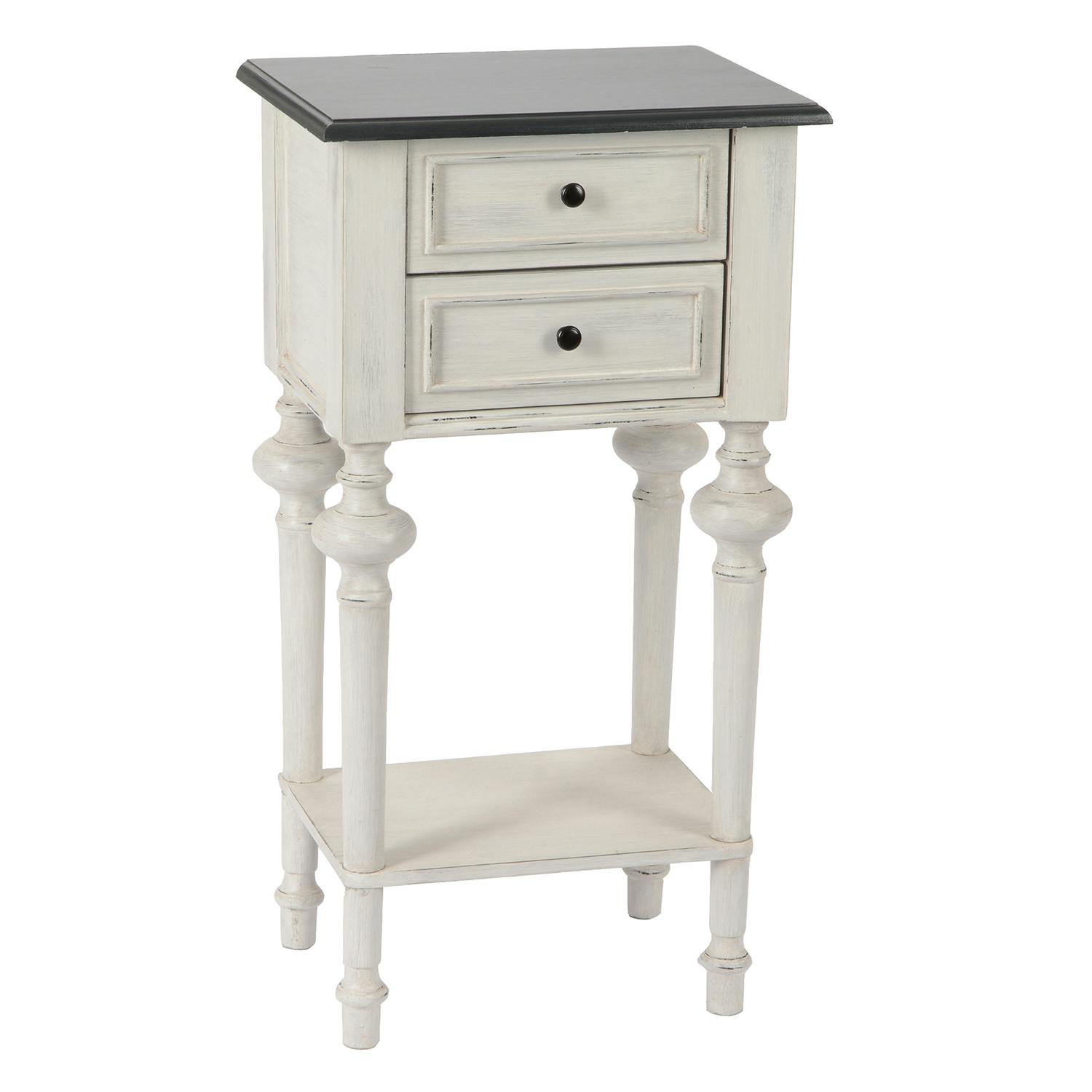 Sellette Baroque 2 tiroirs, plateau bas HERITAGE bois blanchi plateau anthracite 40x30x75cm AMADEUS