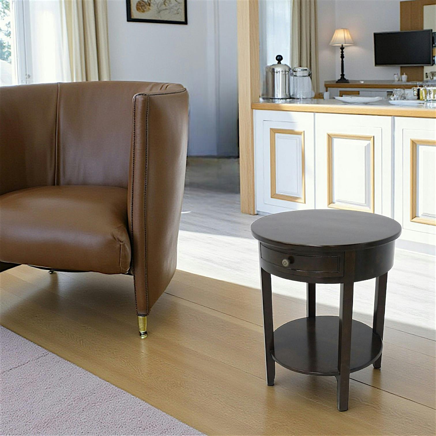 Sellette ronde Hévéa 1 tiroir, double plateaux D54xH65cm MAORI / TRADITION