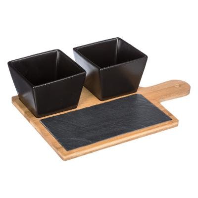 Set apéritif 4 pièces 2 coupelles en grès 1 planche en bois et ardoise 30x20cm