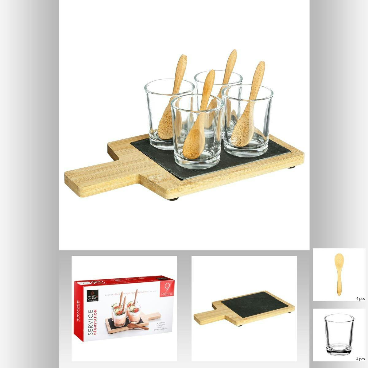 Set apéritif 9 pièces planche bambou et ardoise et 4 verres 23x7x13cm