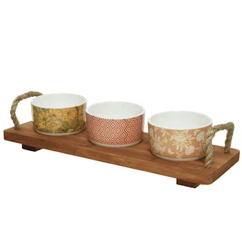 Set apéritif en porcelaine sur plateau en bois (3 bols)