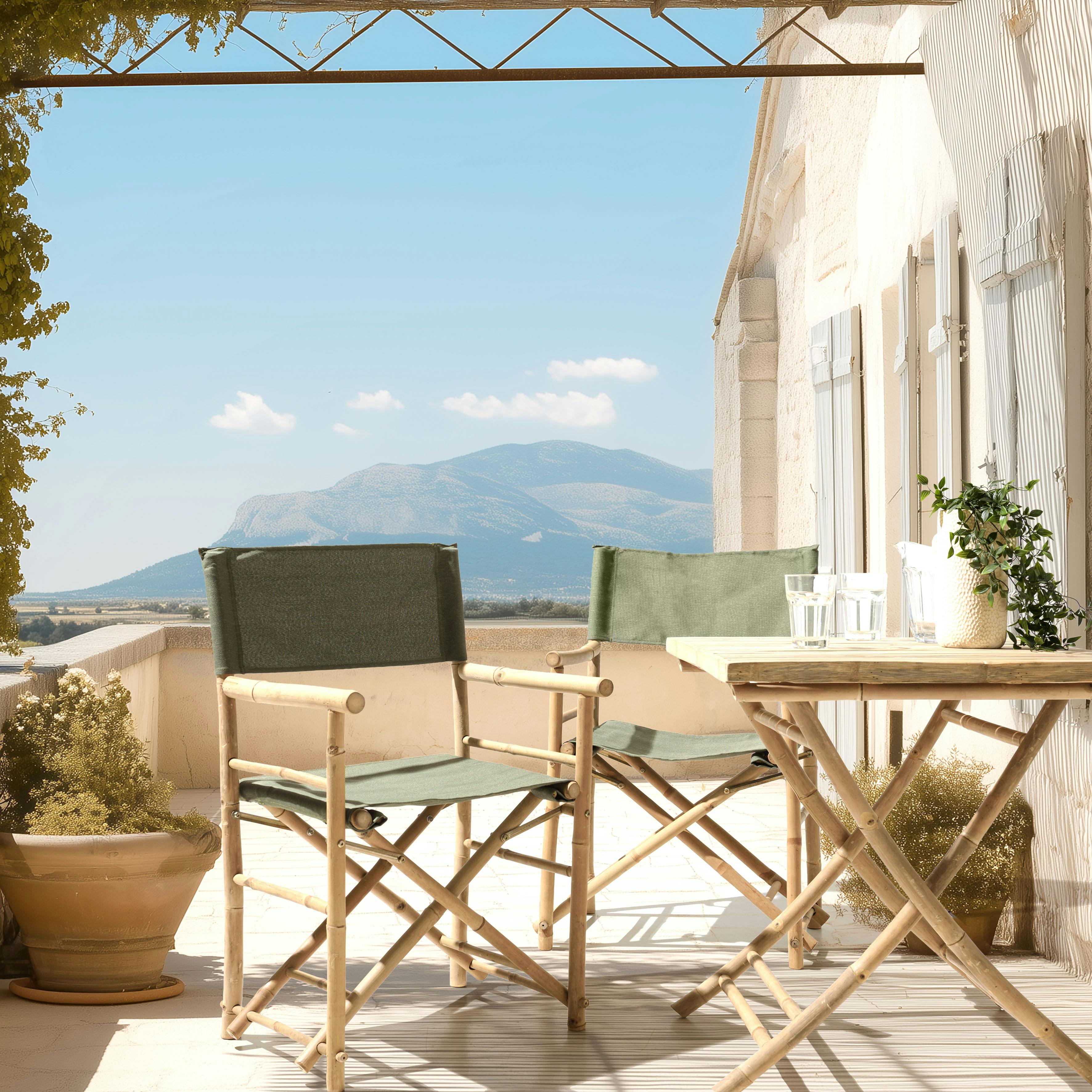 Set de 2 fauteuils pliants bambou, dossier/assise en tissu vert CALVIA