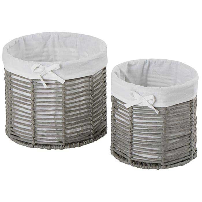 Set de 2 paniers ajourés gris avec doublure tissu en coton blanc D26x20cm et D21x20cm