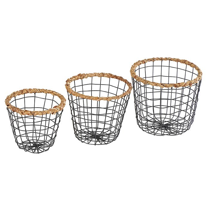 Set de 3 paniers ronds évasés en métal façon grillage gris foncé et roseau