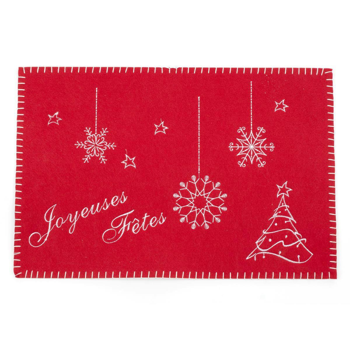 Set de table en feutrine rouge brodée "Joyeuses Fêtes" 30x45cm