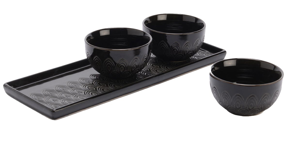 Set plat rectangulaire + 3 coupelles grès noir motifs art déco