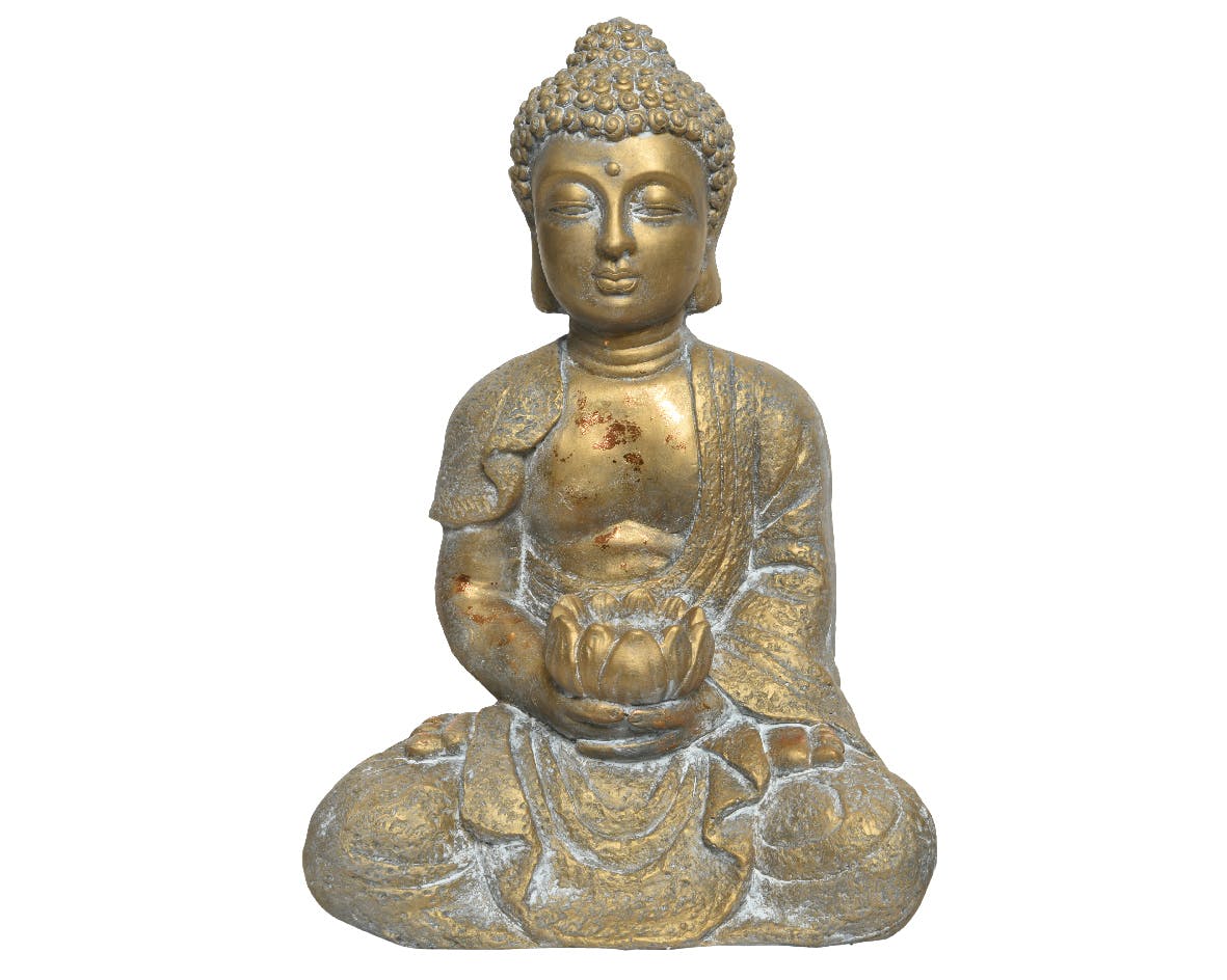 Statue pour jardin Bouddah assis avec lotus or vieilli H46 cm