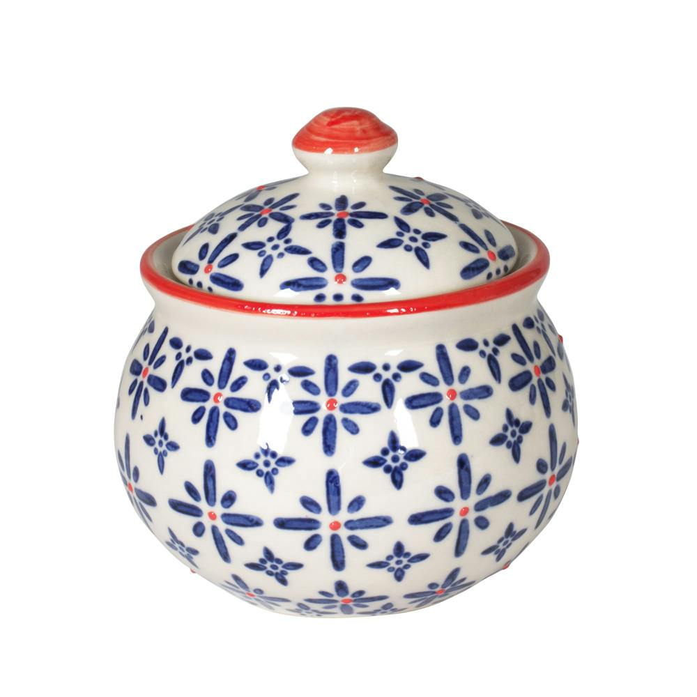 Sucrier H.10cm céramique blanc à motifs coloris bleu et orange USHUAIA