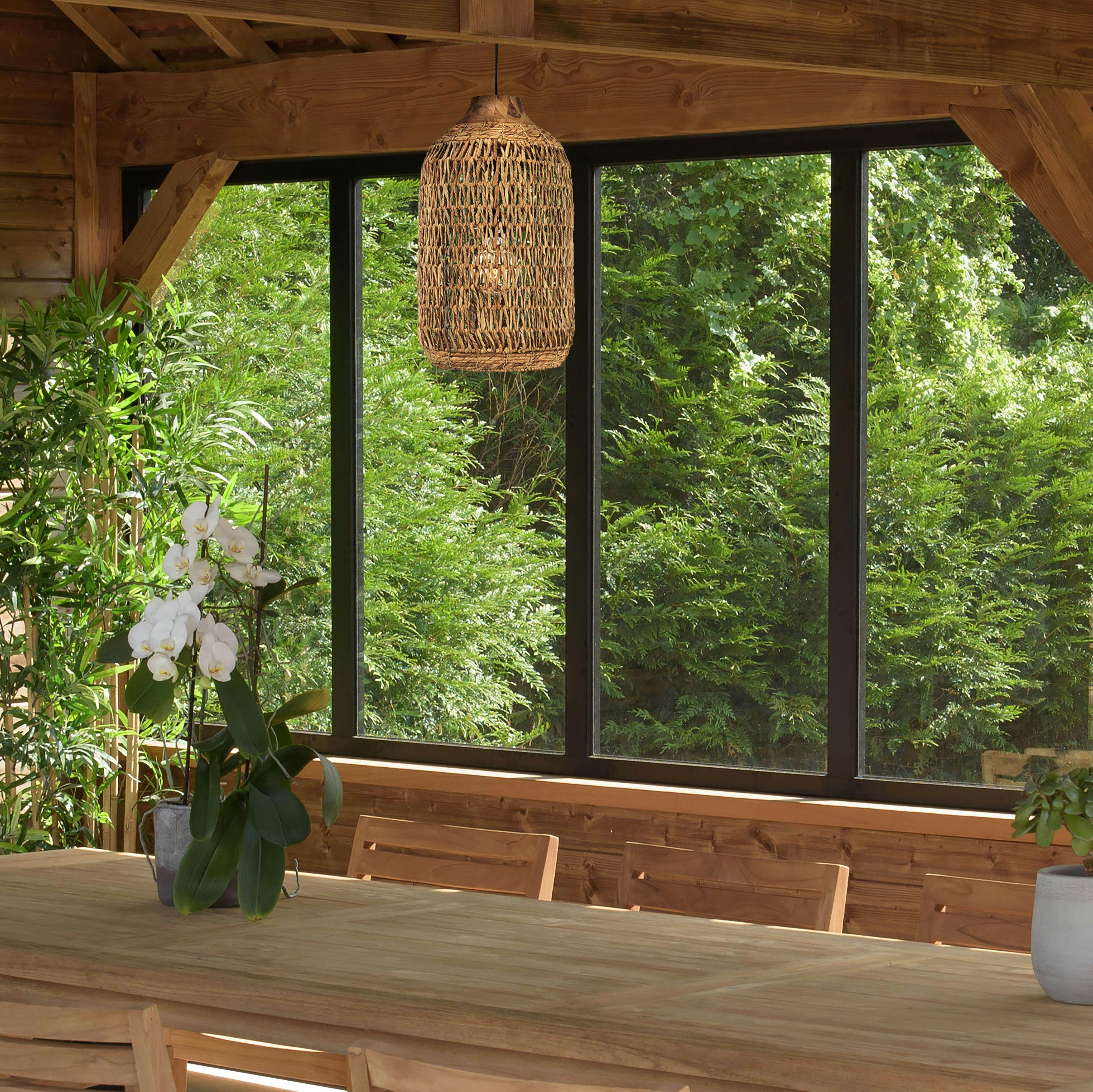 Suspension 30x30cm en abaca couleur naturelle et teck recyclé FOLELLI