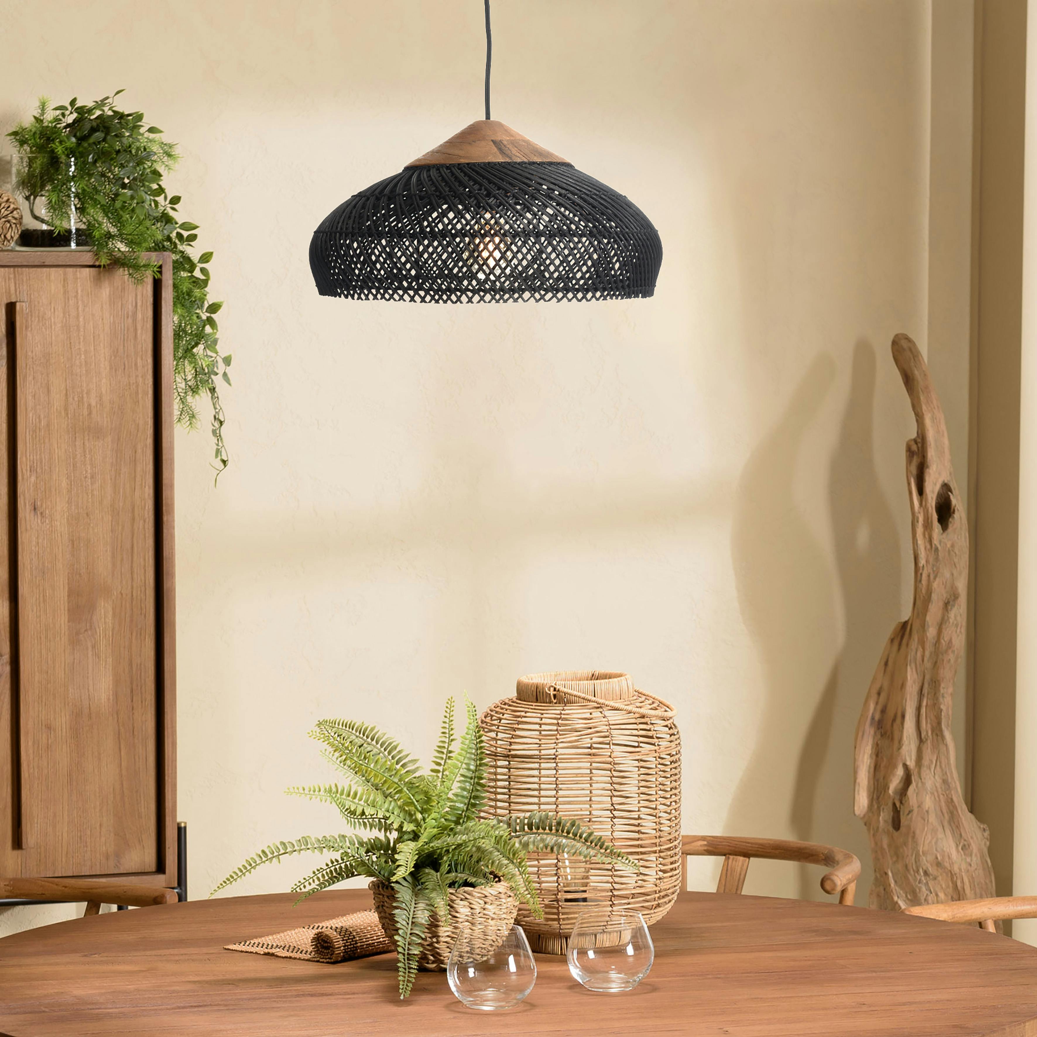 Suspension 40x40cm en rotin couleur noire et teck recyclé FOLELLI