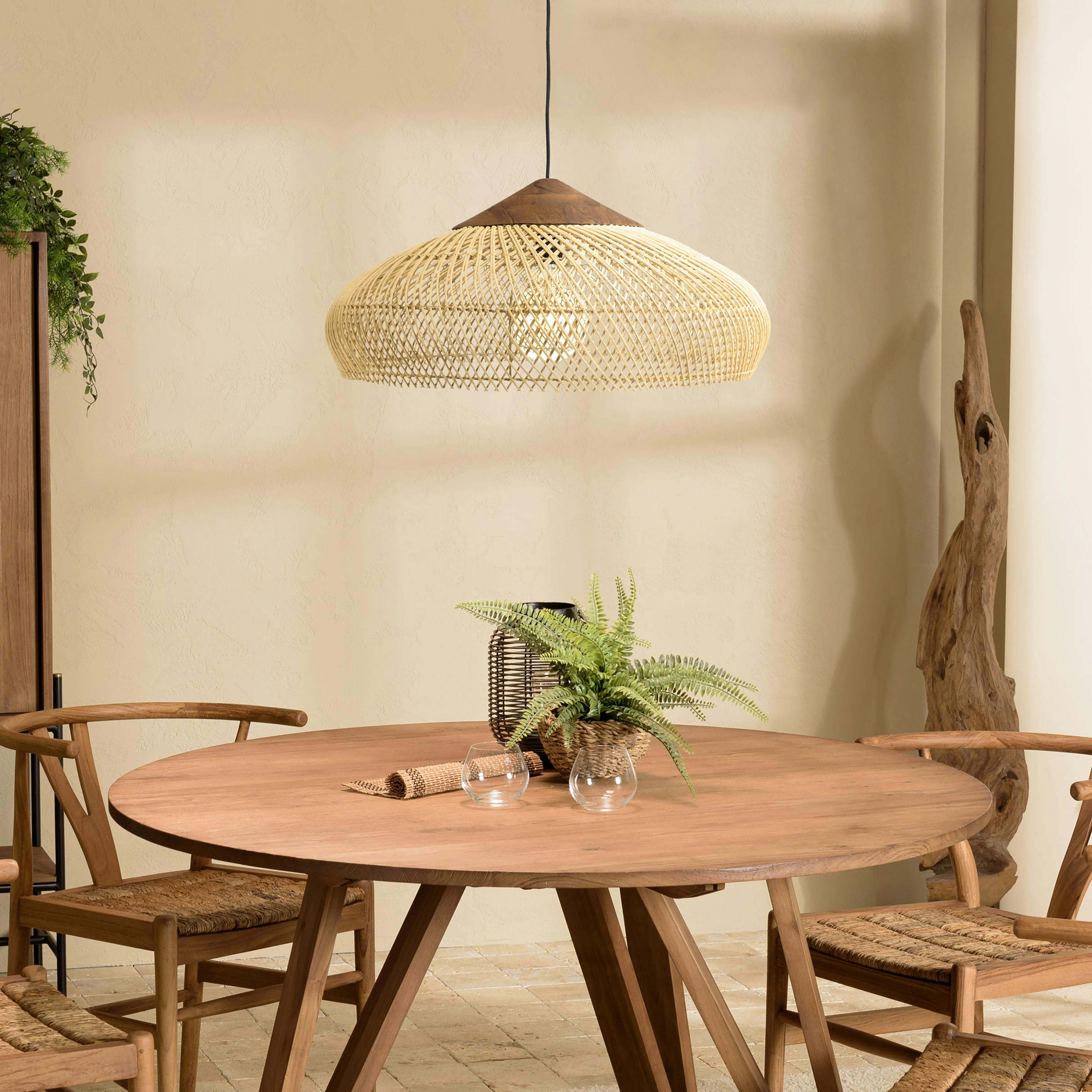 Suspension 65x65cm en rotin couleur naturelle et teck recyclé FOLELLI