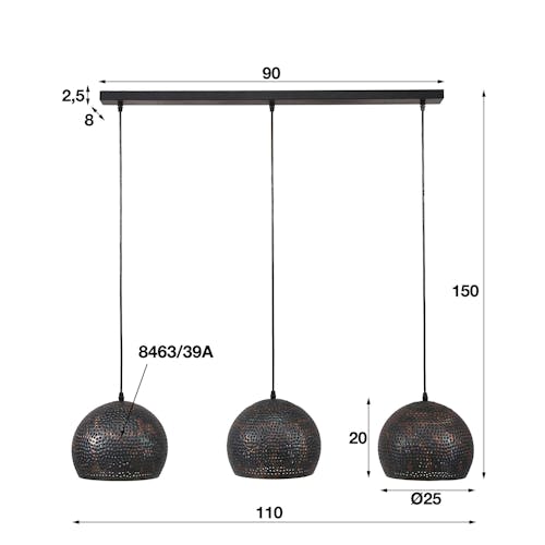 Suspension ajourée 3 demi-globes métal brun/noir grillagé 110x25x150cm RALF