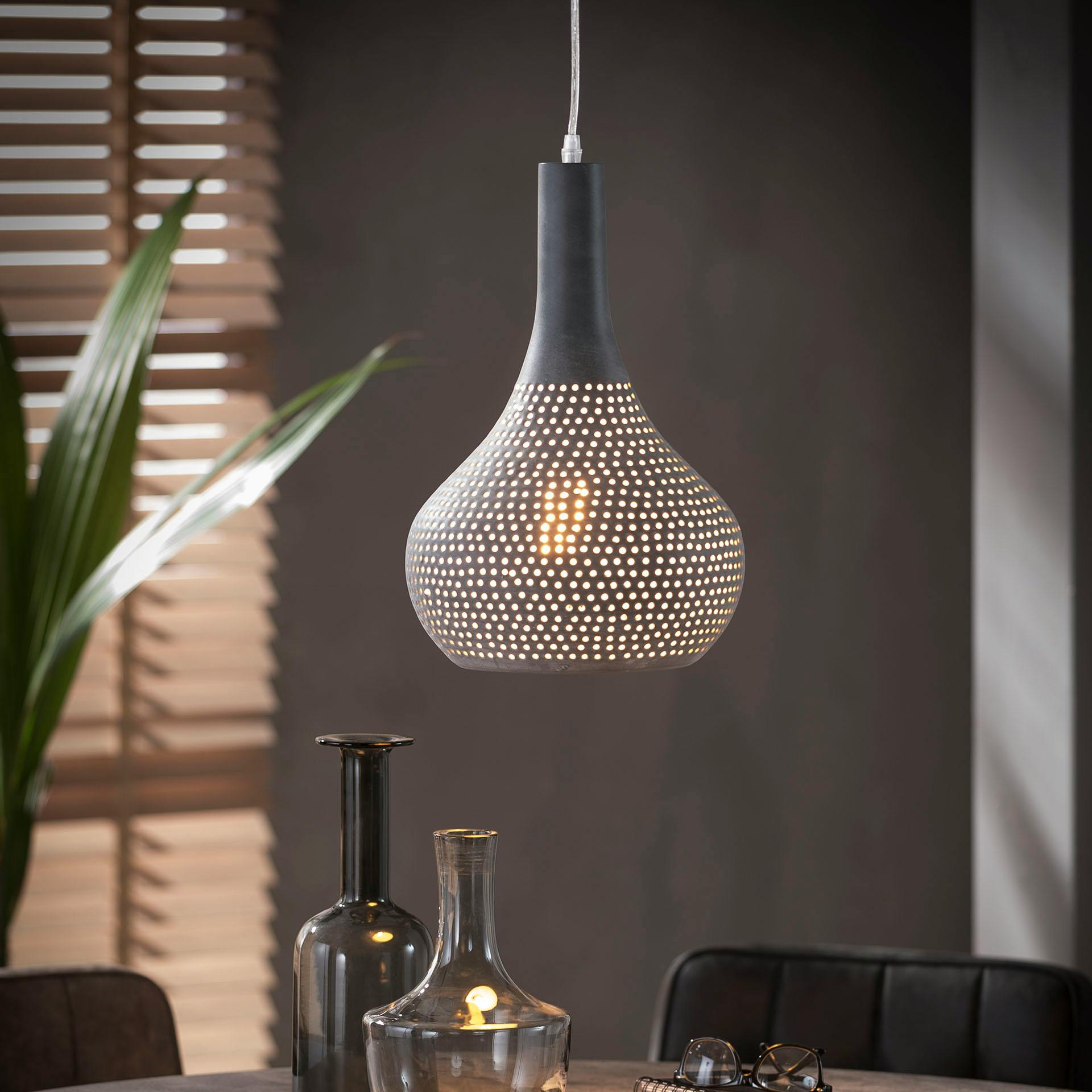 Suspension ajourée lampe cône rond métal gris D25x150cm JAVA