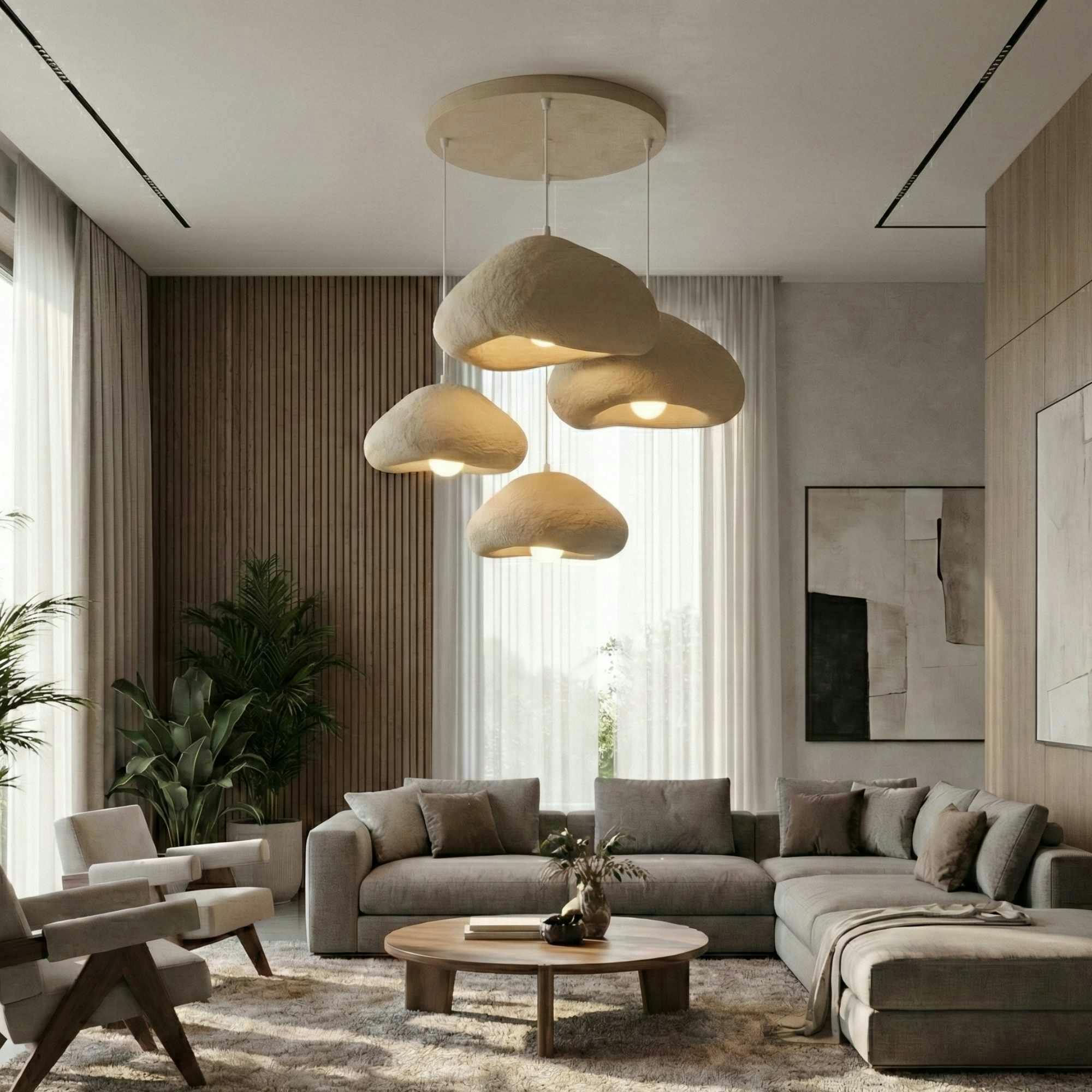 Suspension beige design organique 4 abat-jour 90 cm NOXIS