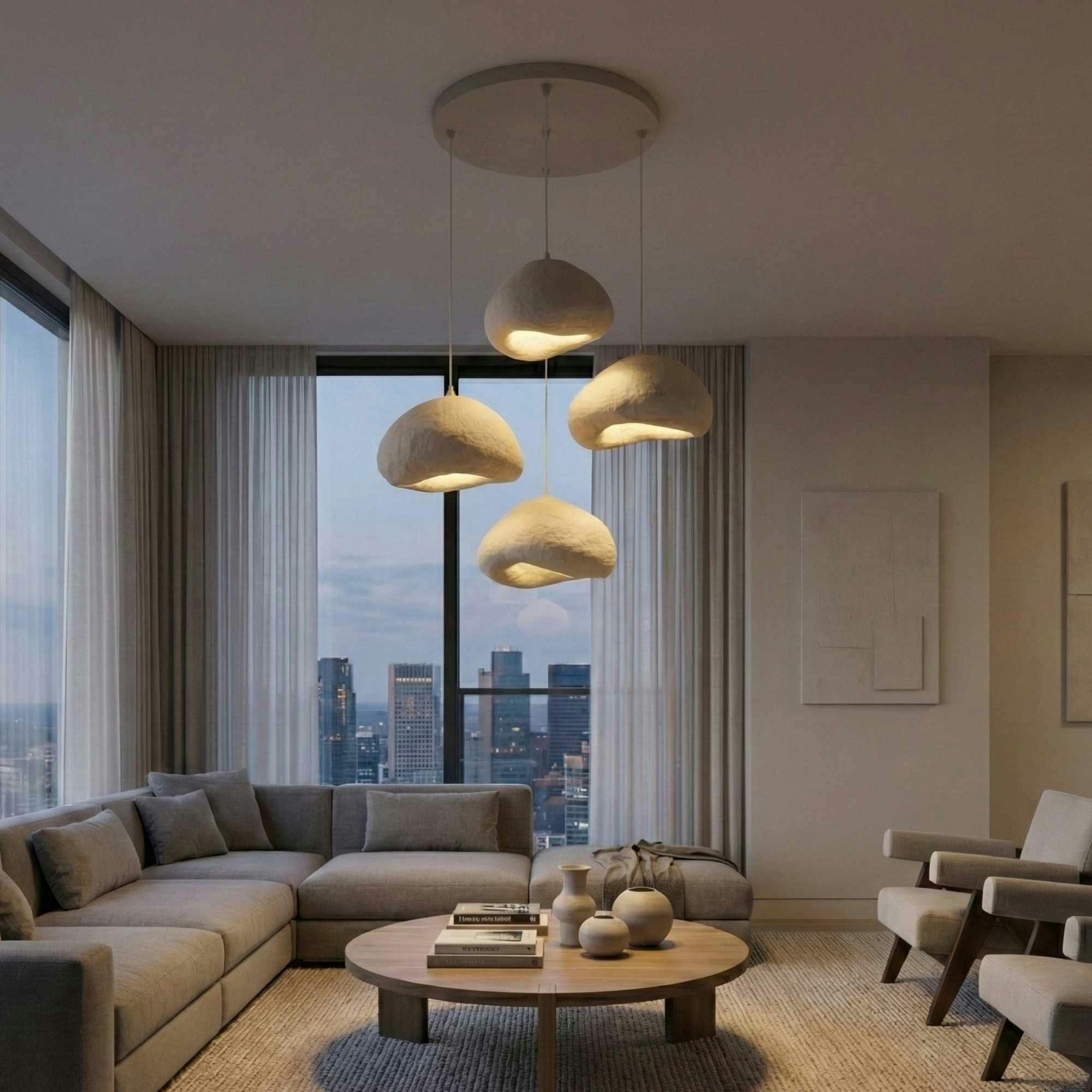 Suspension beige design organique 4 lampes 95 cm NOXIS