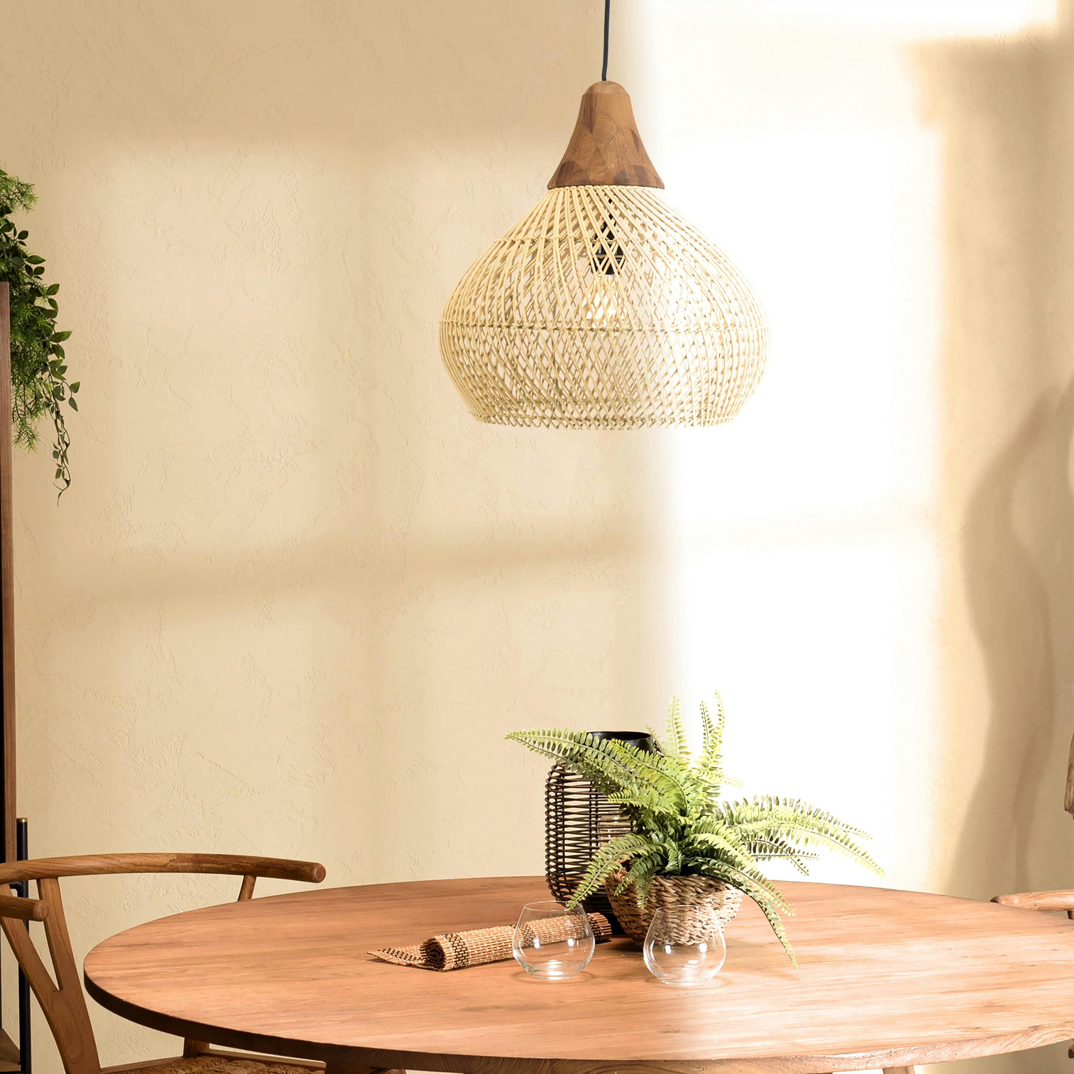 Suspension cloche 40x40cm rotin couleur naturelle et teck FOLELLI