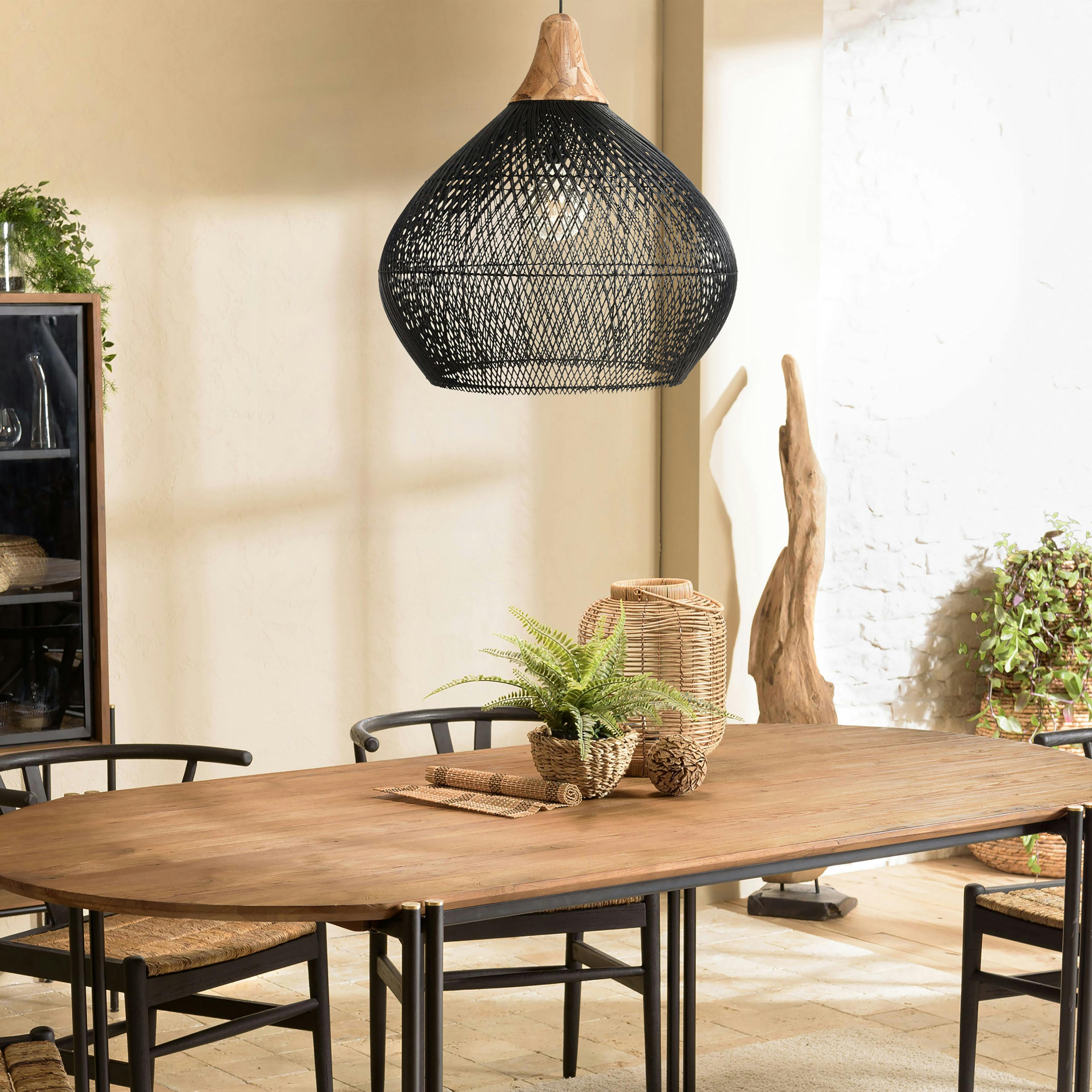 Suspension cloche 68x68cm en rotin couleur noire et teck FOLELLI