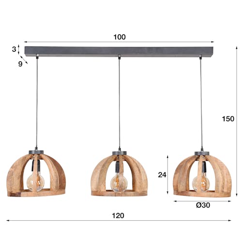 Suspension contemporaine 3 lampes ajourées bois de manguier LUCKNOW